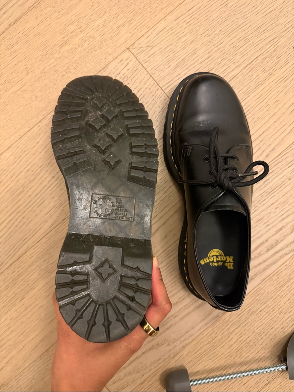 Dr. Martens Black Leather 3-Eye Lace-Up Oxfords with Yellow Stitching - Picture 3 of 3